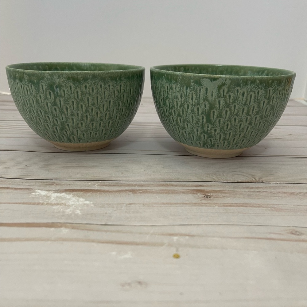 Pier 1 Stoneware Lot Of 2 Bowls Green Soup Cereal Dip Snack Textured 5"